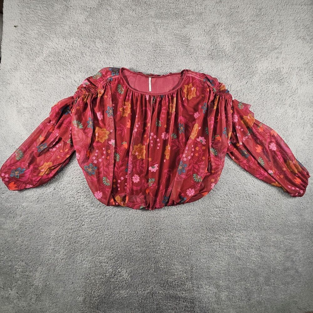 Free People Wildflower Honey Top Womens XS Red Blouse Ruched Sleeves Floral Boho